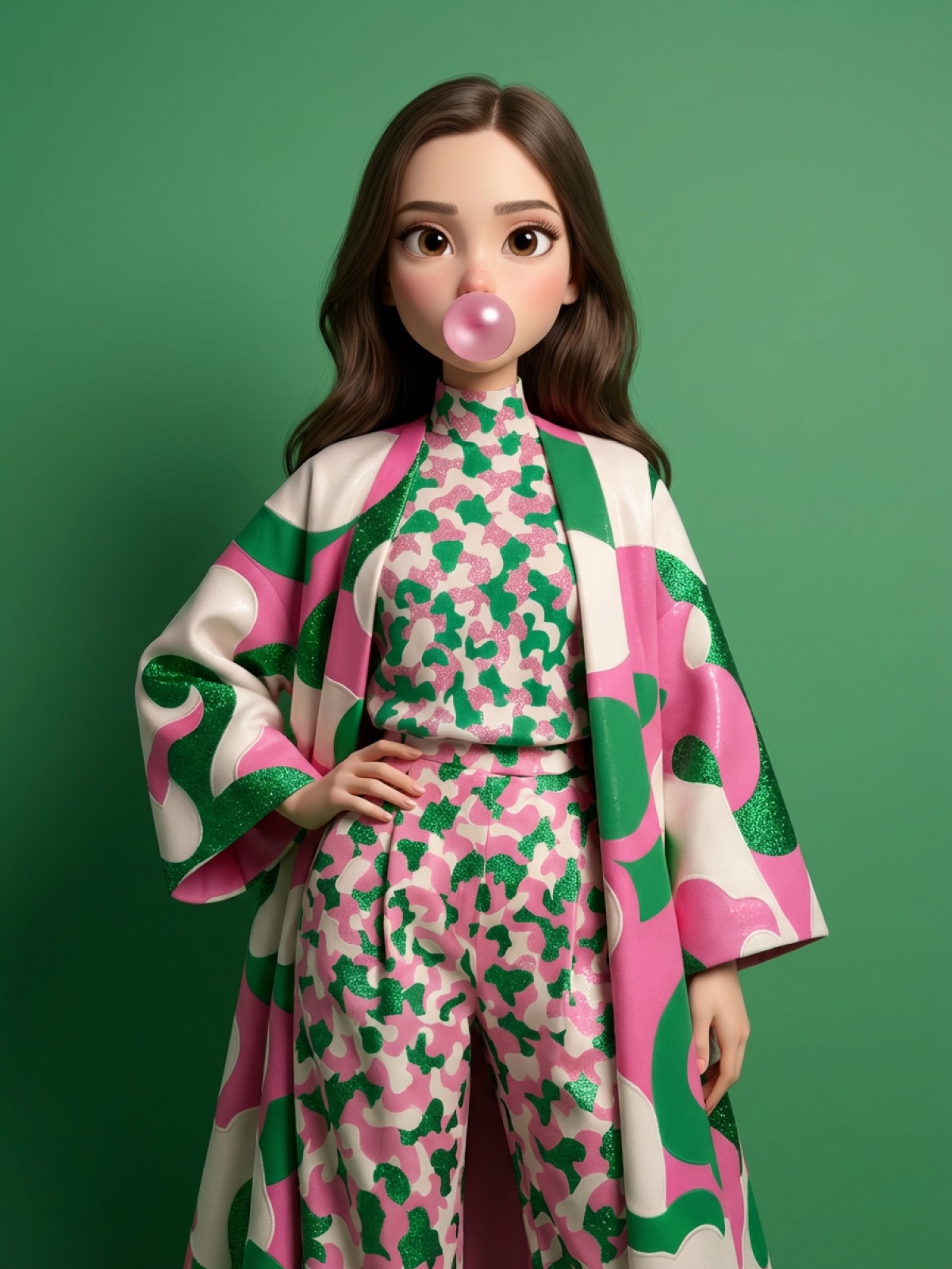 A Highlight avatar blowing a bubblegum bubble, in a pink and green patterned coat and matching trousers